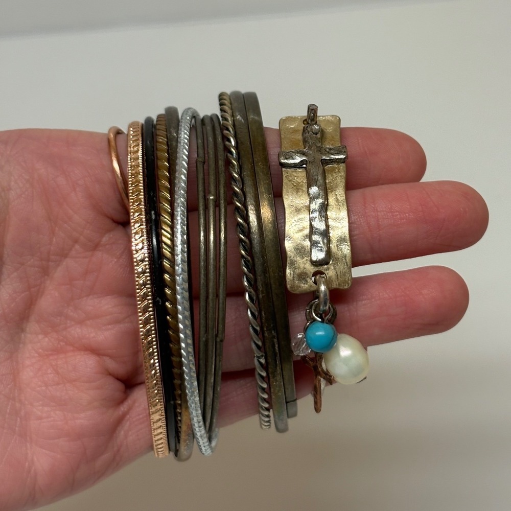 Mixed Metal Bangle Bracelet Set 10pc Cross Dangle